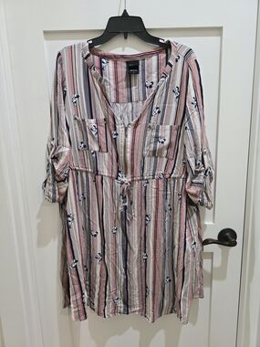 Torrid Pink, Navy & Cream Striped Midi Dress with Character Print